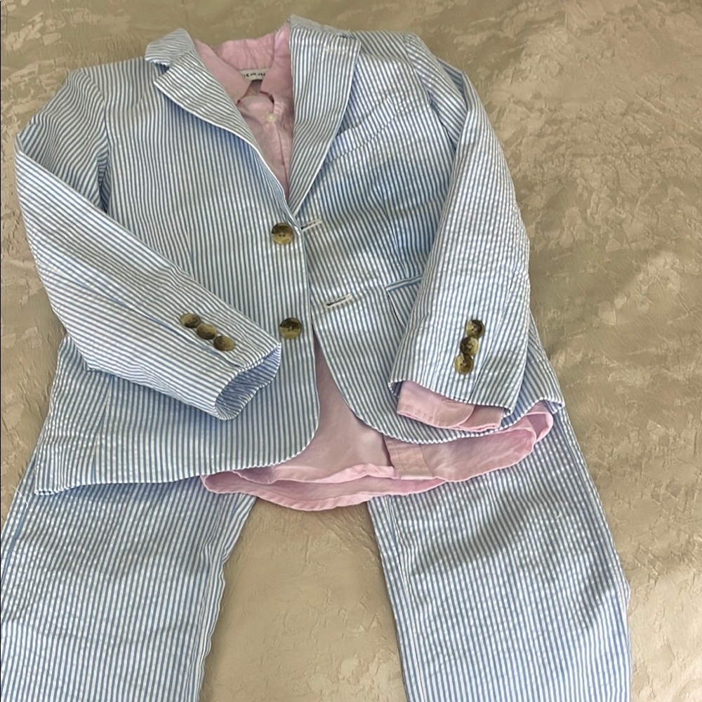 Janie and Jack Seersucker suit with pink button down shirt.